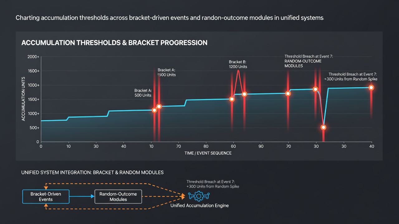 Chart illustrating threshold mapping between bracket events and stochastic modules over multiple cycles
