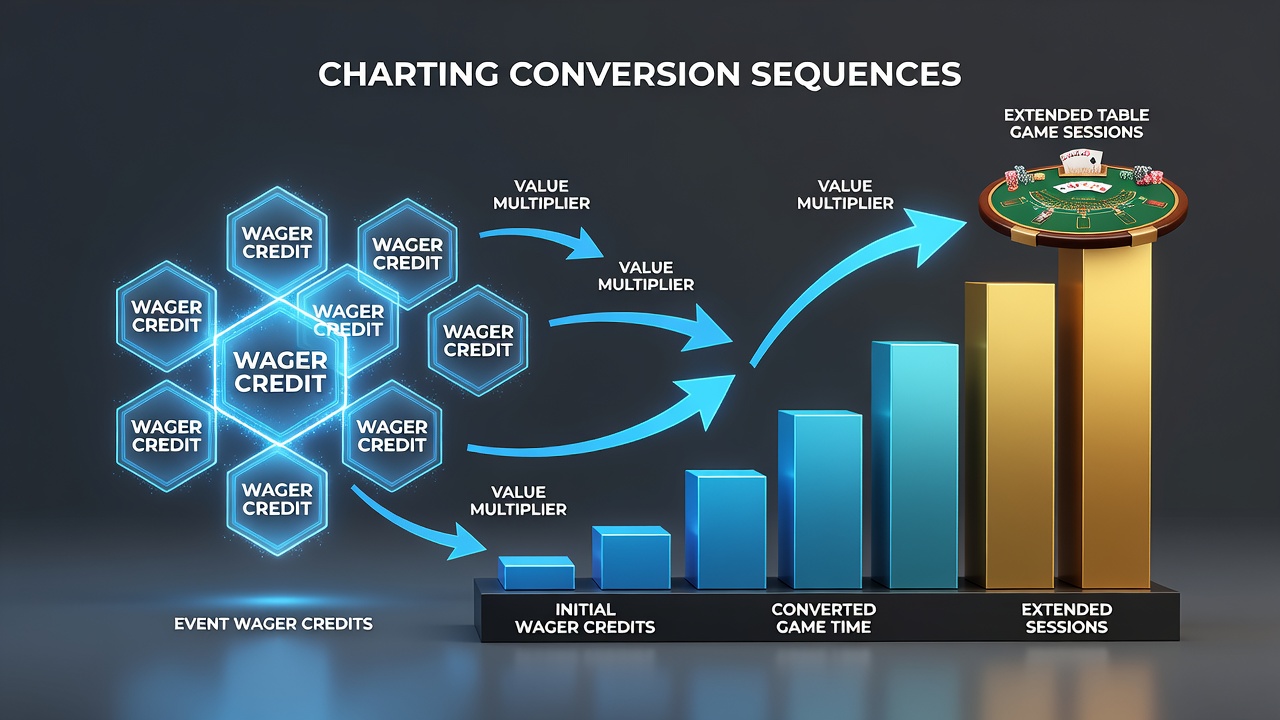 Analytics dashboard illustrating player progression from event credits to table game play