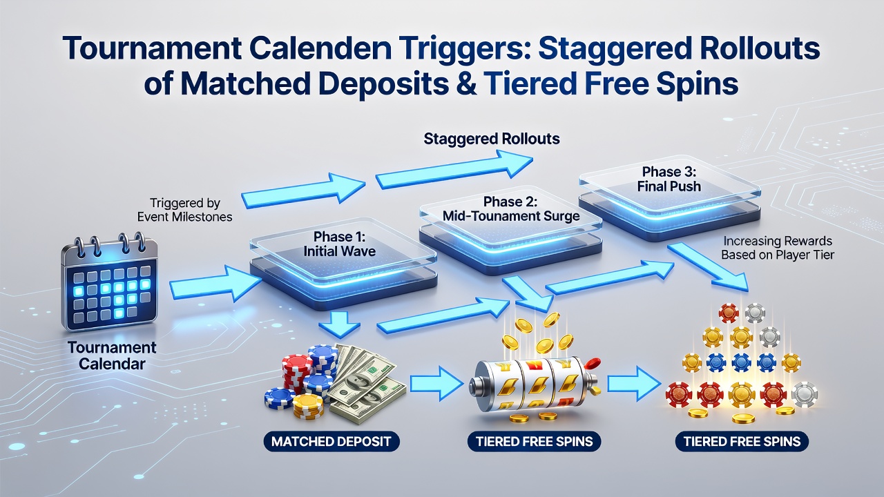 Flowchart illustrating tiered free spin releases connected to tournament progression stages