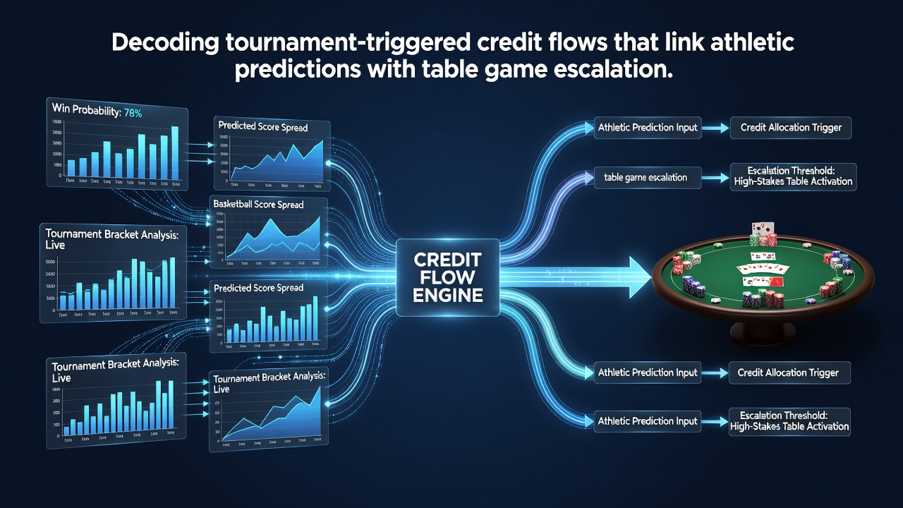 Flow diagram of credit migration from sports predictions to table game escalations in digital betting systems