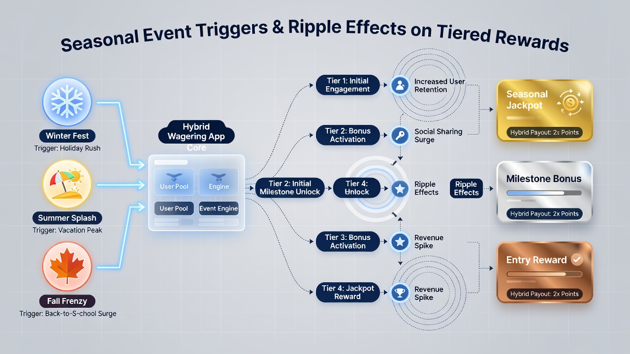 Data visualization of reward sequencing pathways showing seasonal triggers flowing into tier progression across sports and casino modules