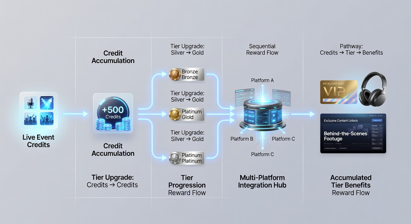 Flowchart illustrating credit conversion steps leading to tiered rewards in multi-platform betting systems